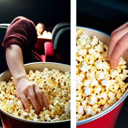 Home 24 **
A split-screen image. On one side, a person happily reaching for a large bucket of popcorn at a cinema counter, brightly lit and inviting. On the other side, the same person later looking regretful, surrounded by half-eaten popcorn, in a dimly lit cinema. The image should evoke the "decoy effect" and overspending.
**