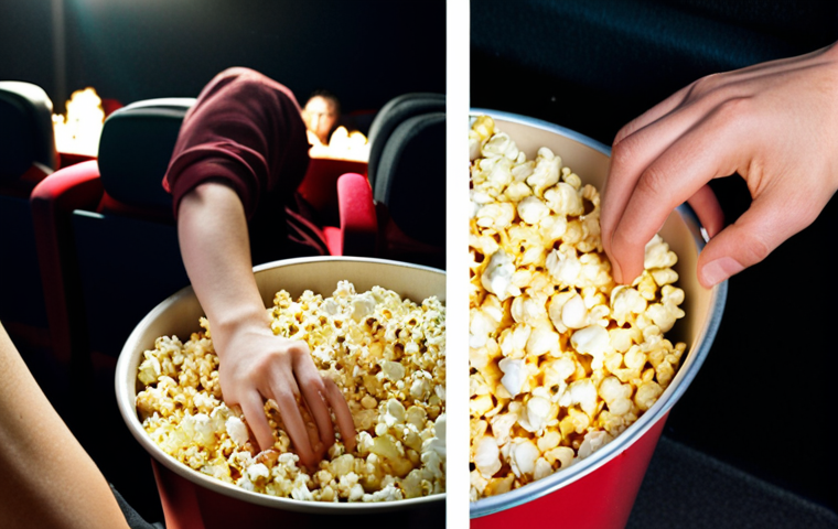 **
A split-screen image. On one side, a person happily reaching for a large bucket of popcorn at a cinema counter, brightly lit and inviting. On the other side, the same person later looking regretful, surrounded by half-eaten popcorn, in a dimly lit cinema. The image should evoke the "decoy effect" and overspending.
**