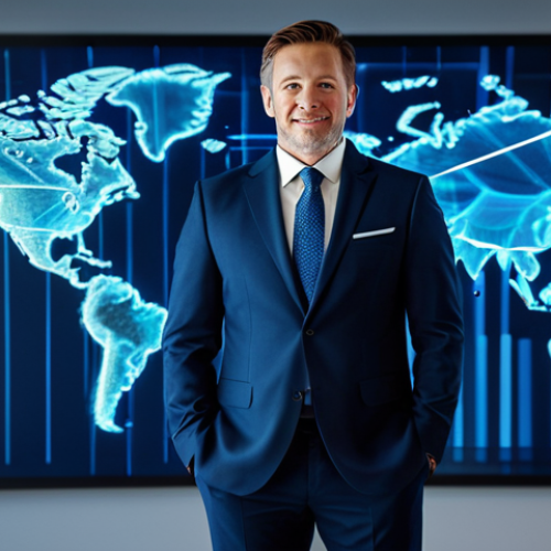 Home 22 A professional business leader in a modest dark blue suit, standing confidently in a bright, minimalist digital office. Subtle, glowing abstract lines and connecting light trails emanate from a holographic world map, symbolizing global digital connections and the building of trust. The subject looks forward with an open, confident expression. Fully clothed, appropriate attire, safe for work, perfect anatomy, correct proportions, natural pose, well-formed hands, proper finger count, natural body proportions, professional photography, high quality, professional.