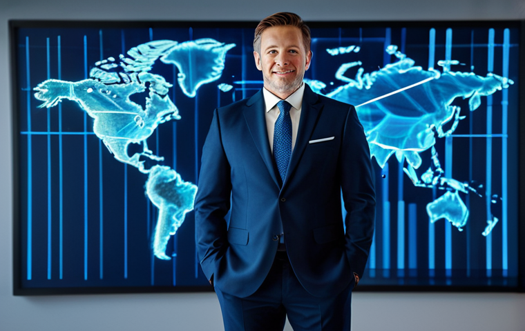 A professional business leader in a modest dark blue suit, standing confidently in a bright, minimalist digital office. Subtle, glowing abstract lines and connecting light trails emanate from a holographic world map, symbolizing global digital connections and the building of trust. The subject looks forward with an open, confident expression. Fully clothed, appropriate attire, safe for work, perfect anatomy, correct proportions, natural pose, well-formed hands, proper finger count, natural body proportions, professional photography, high quality, professional.