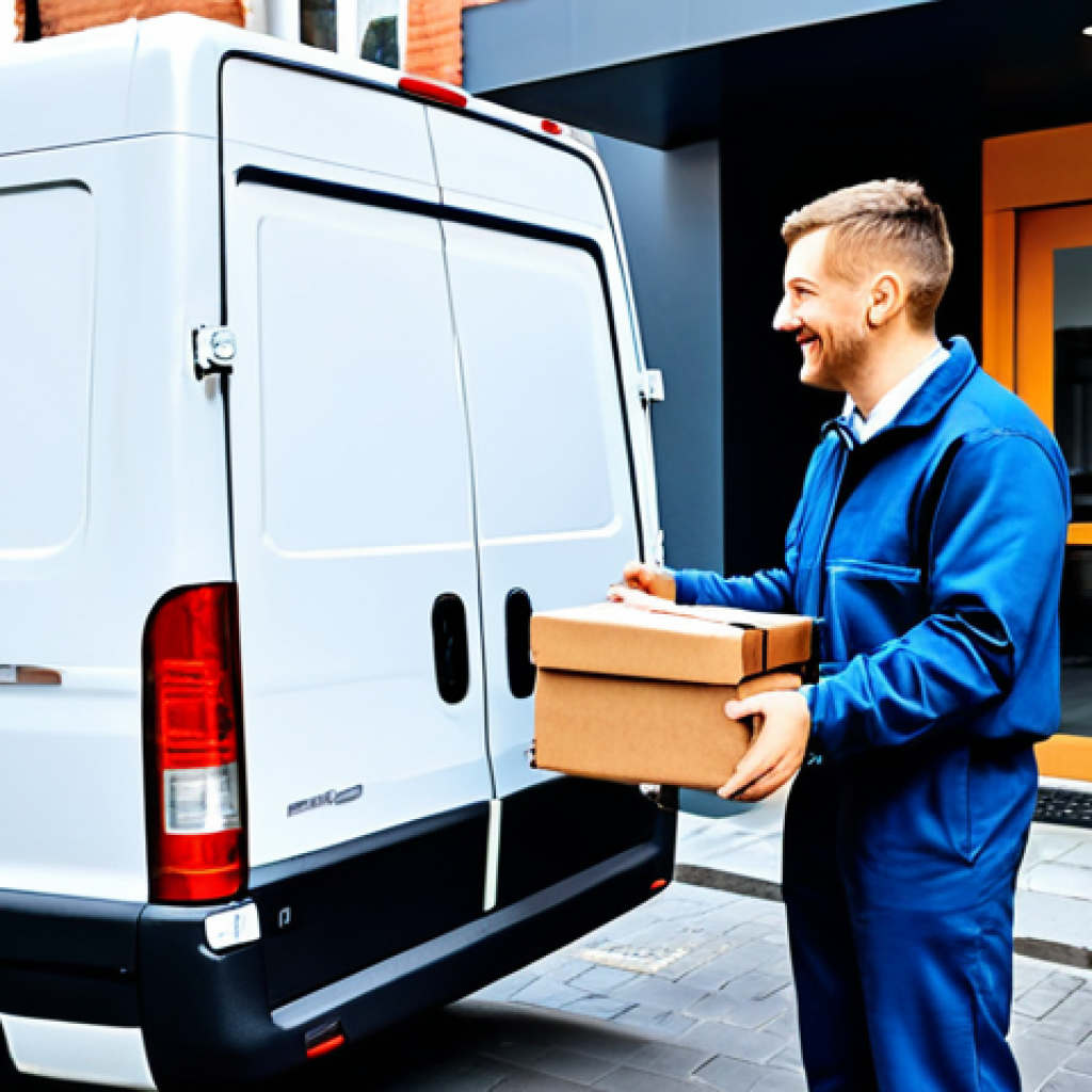 A professional delivery driver in a clean, modest uniform, fully clothed, handing a package to a grateful customer who is also fully clothed in appropriate attire. The scene is set on a modern, well-maintained urban street with an electric delivery van in the background. Perfect anatomy, correct proportions, natural pose, well-formed hands, proper finger count, natural body proportions. Safe for work, appropriate content, professional, high-quality, realistic photography.