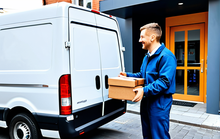 A professional delivery driver in a clean, modest uniform, fully clothed, handing a package to a grateful customer who is also fully clothed in appropriate attire. The scene is set on a modern, well-maintained urban street with an electric delivery van in the background. Perfect anatomy, correct proportions, natural pose, well-formed hands, proper finger count, natural body proportions. Safe for work, appropriate content, professional, high-quality, realistic photography.