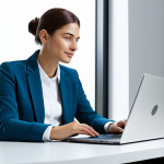 A professional adult individual, fully clothed in a modest business casual outfit, sitting comfortably at a sleek, modern desk in a home office setting. They are focused on a laptop screen, with a thoughtful expression, subtly interacting with a digital interface that suggests an e-commerce platform. The background is clean and minimalist, featuring soft, diffused lighting from a nearby window. The scene emphasizes digital interaction and modern consumer behavior. This image is safe for work, appropriate content, fully clothed, professional dress, perfect anatomy, correct proportions, natural pose, well-formed hands, proper finger count, natural body proportions, high-resolution photography, sharp focus.