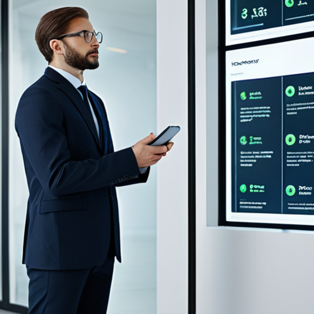 A thoughtful professional, fully clothed in a modest business suit, stands in a brightly lit, modern office contemplating a choice on a sleek digital interface. A subtle, almost imperceptible visual cue on the screen gently guides their gaze towards a specific option, representing the 'invisible push' of behavioral economics. The background is clean and minimalist, suggesting a controlled environment. High-resolution, professional photography, perfect anatomy, correct proportions, well-formed hands, natural body proportions, natural pose, safe for work, appropriate content, fully clothed, professional dress, family-friendly.
