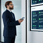 A thoughtful professional, fully clothed in a modest business suit, stands in a brightly lit, modern office contemplating a choice on a sleek digital interface. A subtle, almost imperceptible visual cue on the screen gently guides their gaze towards a specific option, representing the 'invisible push' of behavioral economics. The background is clean and minimalist, suggesting a controlled environment. High-resolution, professional photography, perfect anatomy, correct proportions, well-formed hands, natural body proportions, natural pose, safe for work, appropriate content, fully clothed, professional dress, family-friendly.