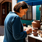 A professional, middle-aged woman, fully clothed in a modest, smart casual outfit, thoughtfully examining a unique handcrafted ceramic piece at an artisanal market stall in Andalusia, Spain. The stall features beautifully displayed, earthy-toned pottery under soft, natural lighting. Other fully clothed market-goers are visible in the soft-focus background. Professional photography, high-resolution, detailed textures, perfect anatomy, correct proportions, natural pose, well-formed hands, proper finger count, natural body proportions, safe for work, appropriate content, fully clothed, modest, family-friendly.
