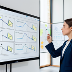 A thoughtful female product designer in a modest, professional blazer and slacks, standing in a bright, modern design studio. She is looking intently at a digital interface displayed on a large screen, with abstract, subtle lines and arrows emanating from the interface, symbolizing 'nudges' and 'choice architecture'. Whiteboards with user flows and sticky notes are visible in the background, suggesting a collaborative environment and ethical behavioral design principles. Perfect anatomy, correct proportions, natural pose, well-formed hands, proper finger count, fully clothed, appropriate attire, safe for work, professional, high-quality, professional photography.
