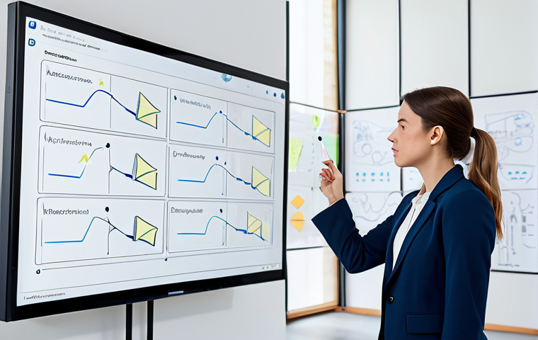 A thoughtful female product designer in a modest, professional blazer and slacks, standing in a bright, modern design studio. She is looking intently at a digital interface displayed on a large screen, with abstract, subtle lines and arrows emanating from the interface, symbolizing 'nudges' and 'choice architecture'. Whiteboards with user flows and sticky notes are visible in the background, suggesting a collaborative environment and ethical behavioral design principles. Perfect anatomy, correct proportions, natural pose, well-formed hands, proper finger count, fully clothed, appropriate attire, safe for work, professional, high-quality, professional photography.