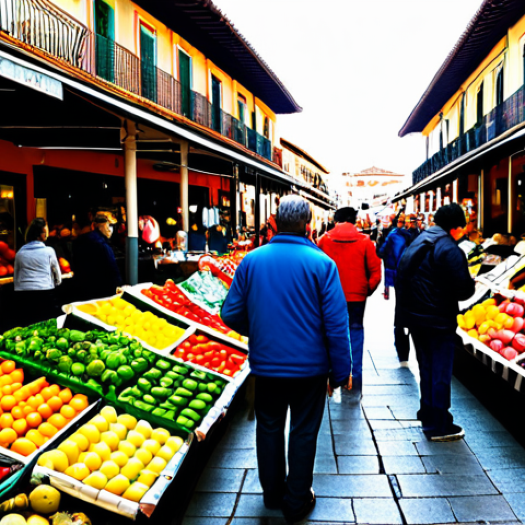 **

"A vibrant Spanish marketplace scene, bustling with shoppers examining produce. Focus on colorful displays of fresh fruits and vegetables with signs highlighting special offers like "Oferta Especial!". Shoppers are engaged, comparing items. Background includes traditional market stalls and architecture, reflecting a local Spanish market. Fully clothed shoppers, appropriate attire, family-friendly, safe for work, professional photography, natural proportions, well-formed hands, correct finger count, bright and inviting lighting."

**