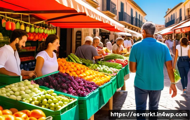 소비자 선택 이론과 행동경제학 - A vibrant Spanish local market scene with diverse shoppers browsing colorful stalls filled with fres...