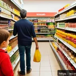 Home 23 행동경제학과 가격 심리학 - A vibrant Spanish supermarket aisle scene featuring colorful price tags prominently displaying price...