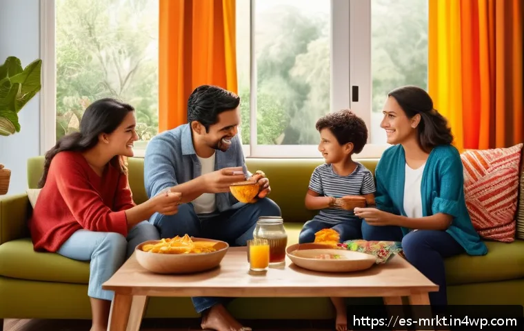 소비자 구매 행동의 동기 이해하기 - A warm, inviting scene in a modern Latin American living room where a diverse family is happily enjo...
