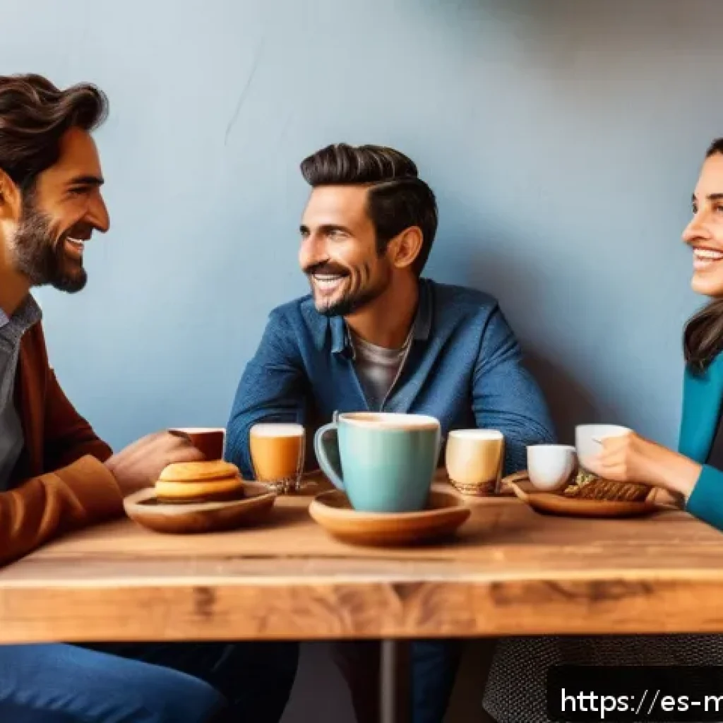 행동경제학의 가치에 대한 소비자 인식 - A cozy, modern Spanish café scene showing a diverse group of adults enjoying coffee in a warm, invit...