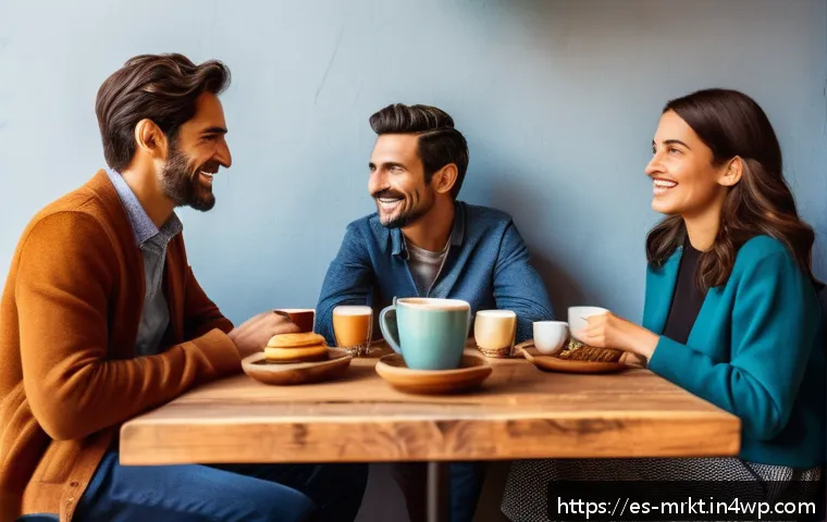 행동경제학의 가치에 대한 소비자 인식 - A cozy, modern Spanish café scene showing a diverse group of adults enjoying coffee in a warm, invit...