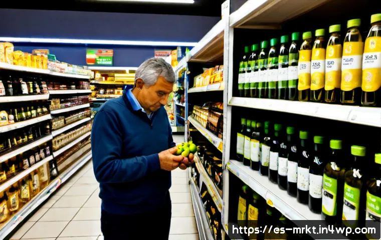 행동경제학적 사고 방식과 브랜드 전략 - Photorealistic Spanish neighborhood supermarket aisle, a middle-aged shopper thoughtfully choosing b...
