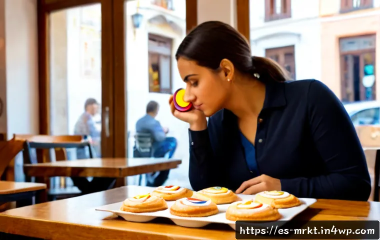 행동경제학의 인지적 편향 이해하기 - Photorealistic behavioral economics scene in a bright Spanish café, an adult woman thoughtfully choo...