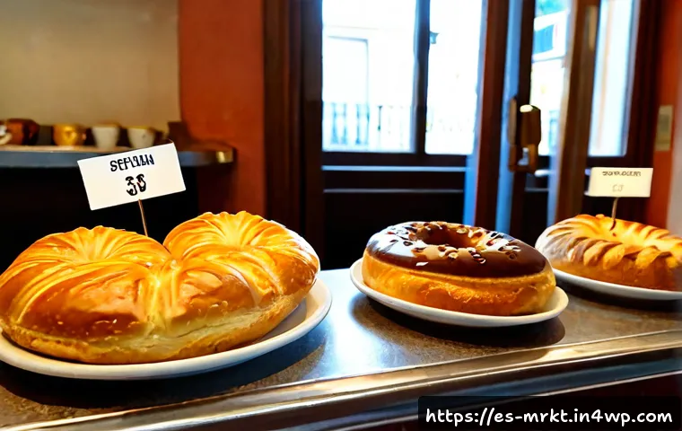 행동경제학적 가격 책정 전략 - Photorealistic Spanish neighborhood café counter with three identical pastries displayed at subtly d...