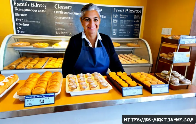 행동경제학적 요소가 고객 신뢰에 미치는 영향 - Photorealistic Spanish neighborhood bakery counter, a friendly middle-aged shop owner clearly displa...